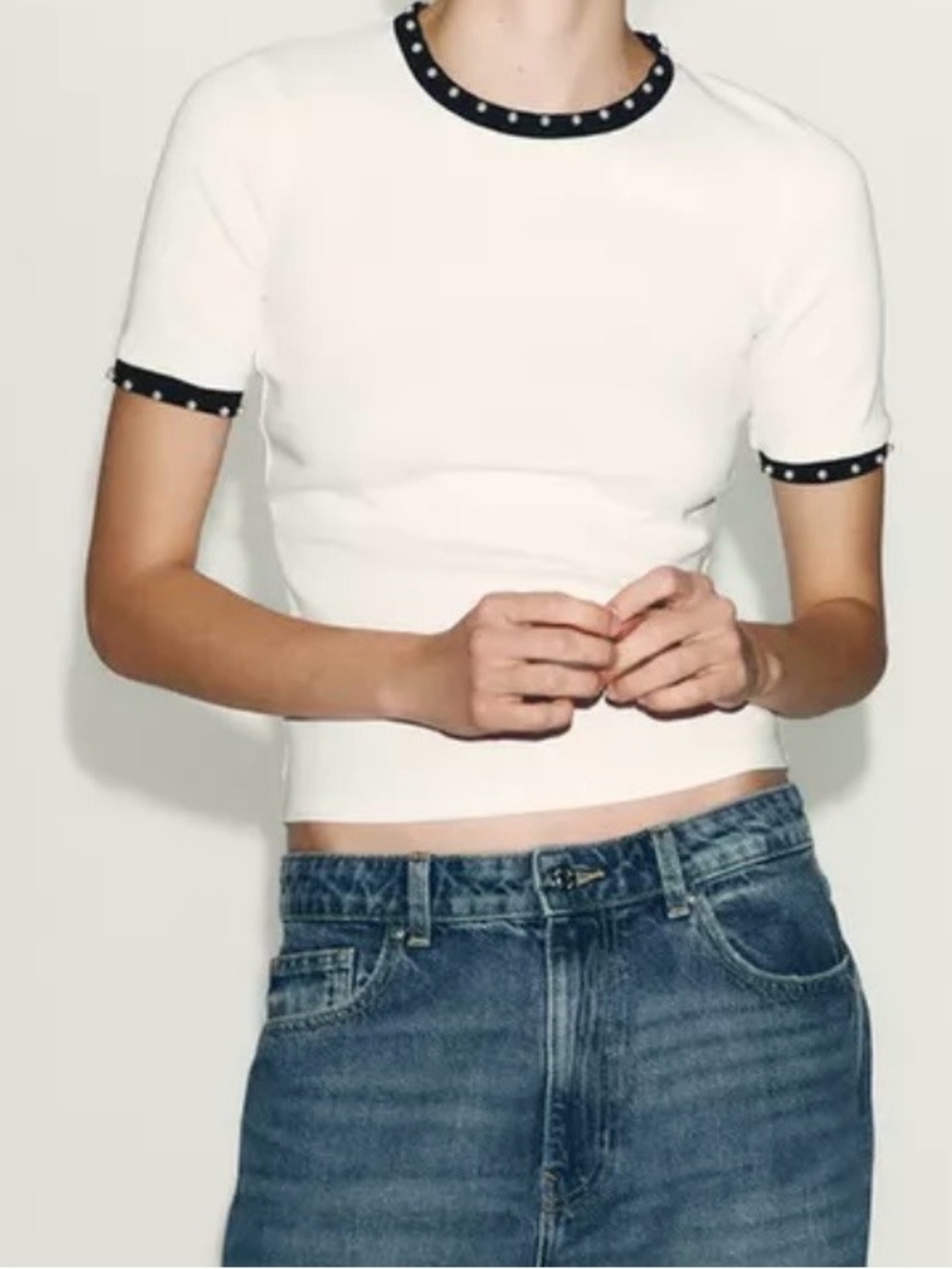 Zara White Ribbed Crop Top with Black Polka Dot Trim